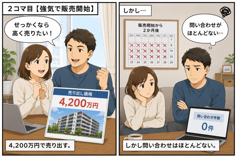 夫婦

「せっかくなら高く売りたい！」

4,200万円で売り出す。

しかし問い合わせはほとんどない。
悩む夫婦