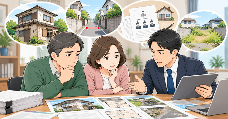 不動産売却を断られた40〜50代の夫婦が、専門家と一緒に建物の老朽化や接道条件、相続などの権利関係を資料で確認しているイラスト