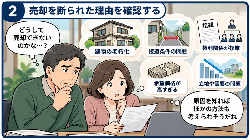 不動産会社に売却を断られた理由について、建物の老朽化や接道条件、相続などの権利関係を確認する40〜50代の日本人夫婦