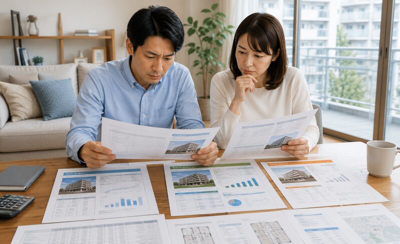 複数社から届いたマンション査定資料を比較する夫婦