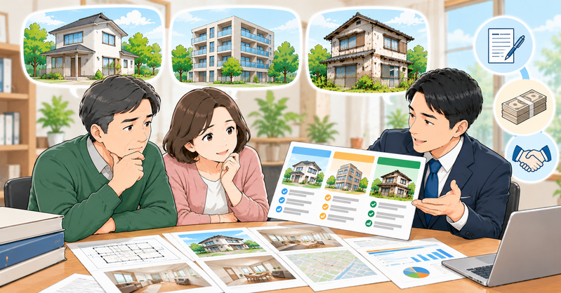 不動産会社に売却を断られた夫婦が、専門家から仲介・買取・訳あり不動産の専門買取について説明を受け、売却価格や契約条件、費用負担を比較しているイラスト