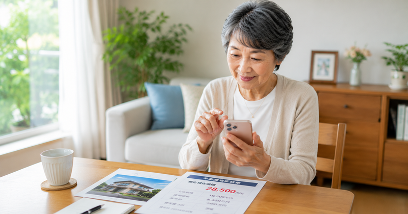 スマートフォンで自宅の現在価値を確認する70代女性
