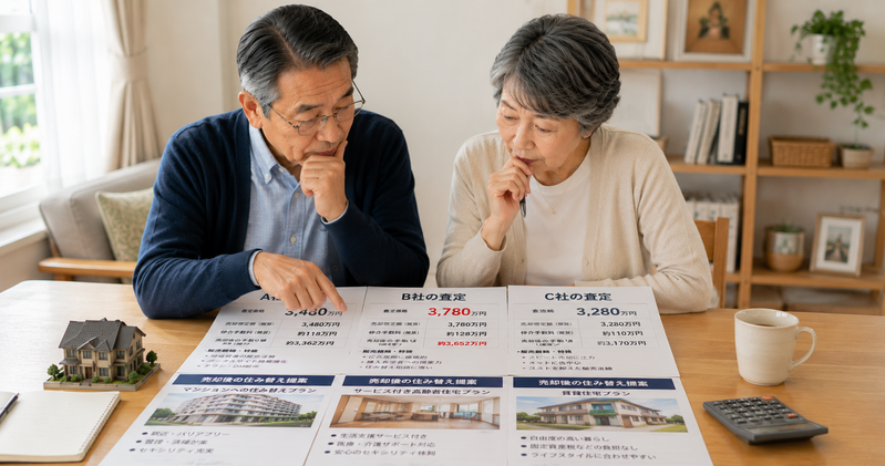 3社の査定価格と売却後の住み替え提案を比較する70代夫婦