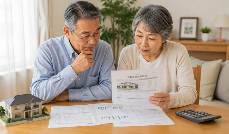 自宅の査定資料を確認する70代夫婦