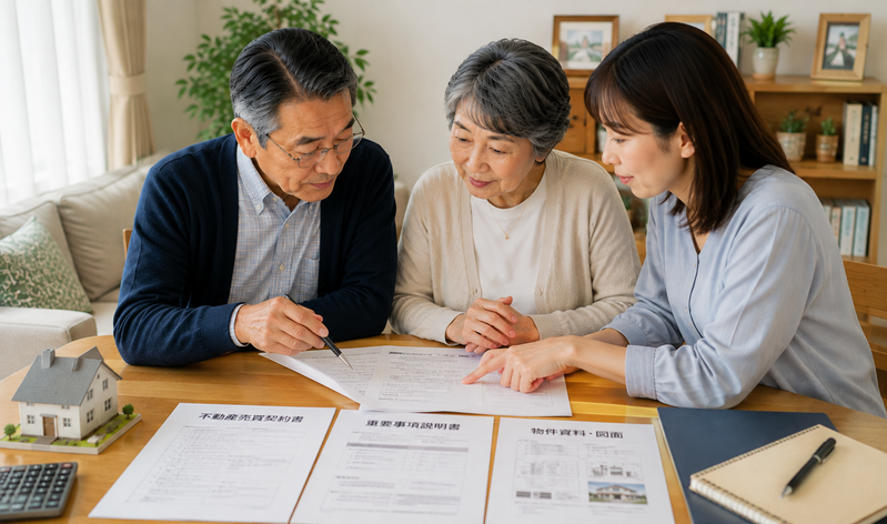 不動産売却の契約書類を子どもと一緒に確認する70代夫婦