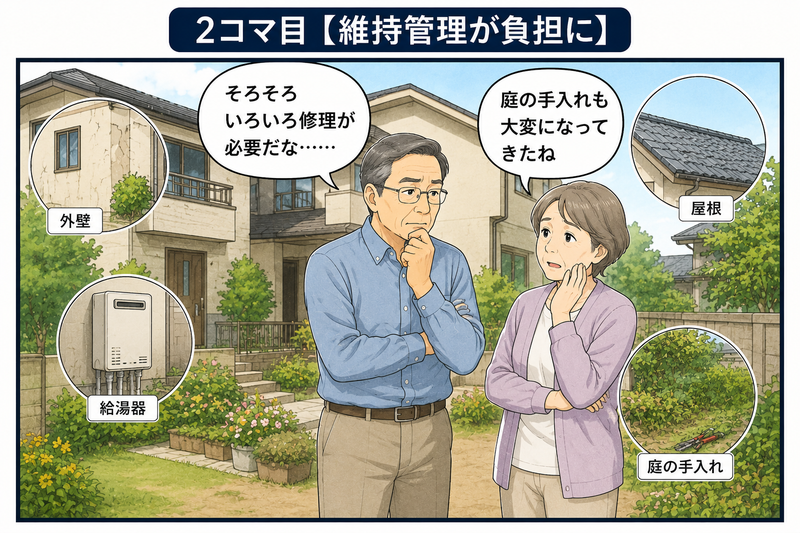 外壁・屋根・給湯器の修理や庭の手入れなど、自宅の維持管理の負担について話し合う70代夫婦
