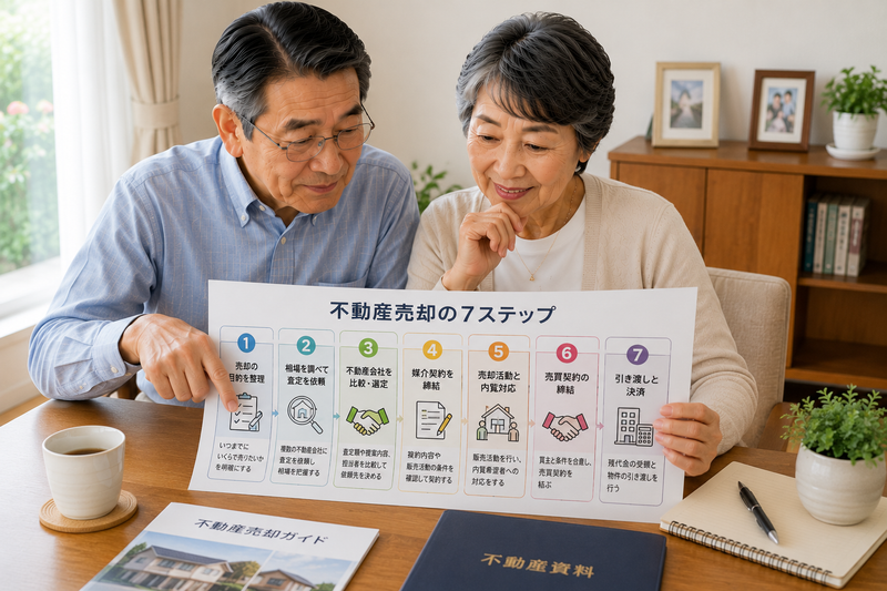 70代夫婦が不動産売却の7ステップを確認する様子