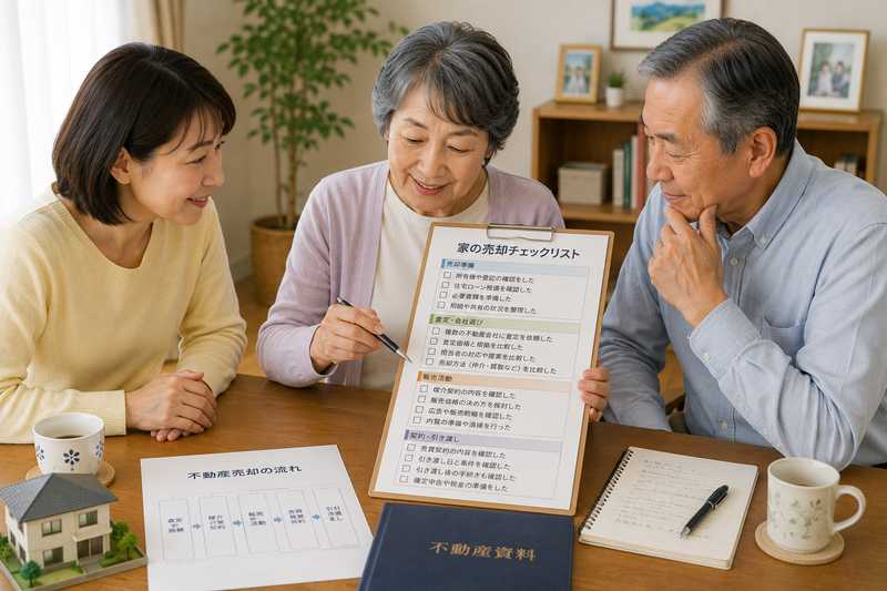 家の売却チェックリストを家族と確認する70代女性