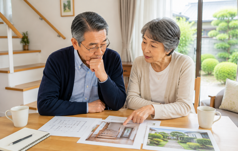 戸建て住宅の階段や庭の管理について相談する70代夫婦