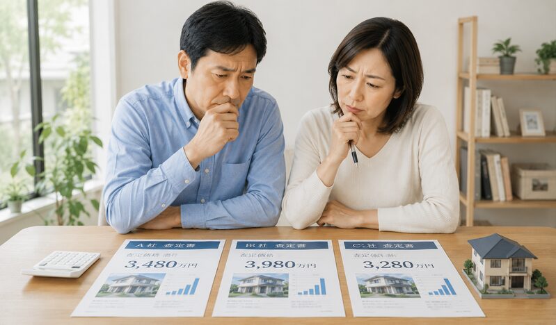 3社の査定書を比較し、一番高い査定だけで決めるか悩む夫婦