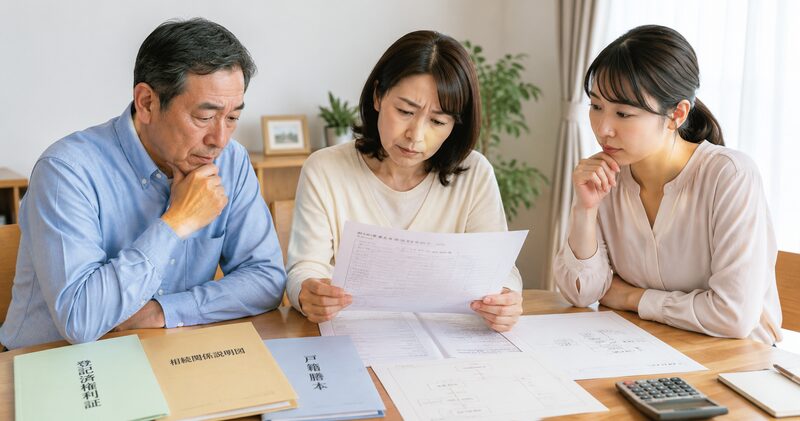登記資料や相続関係の書類を確認する家族