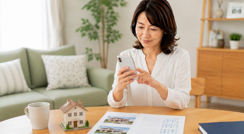 スマートフォンを使って自宅の査定価格や現在の不動産価値を確認する40代女性