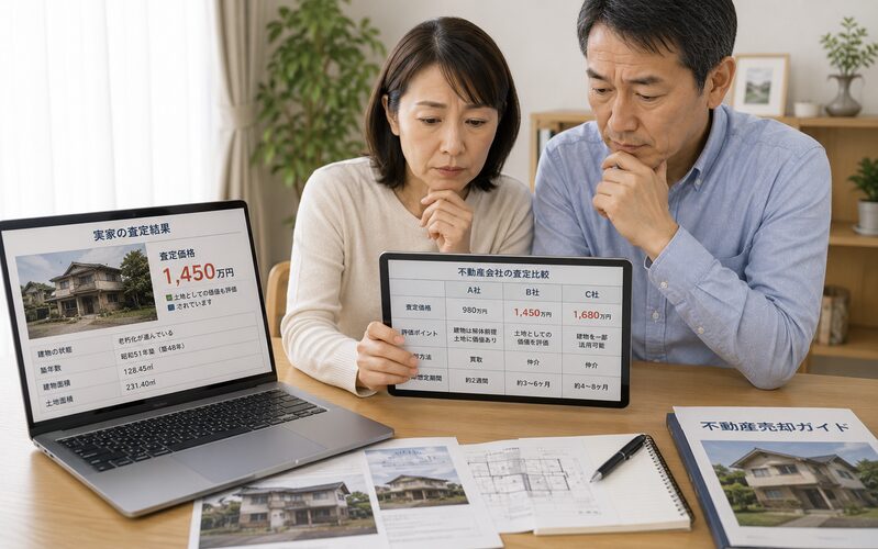 老朽化した実家の現在価値を確認する家族