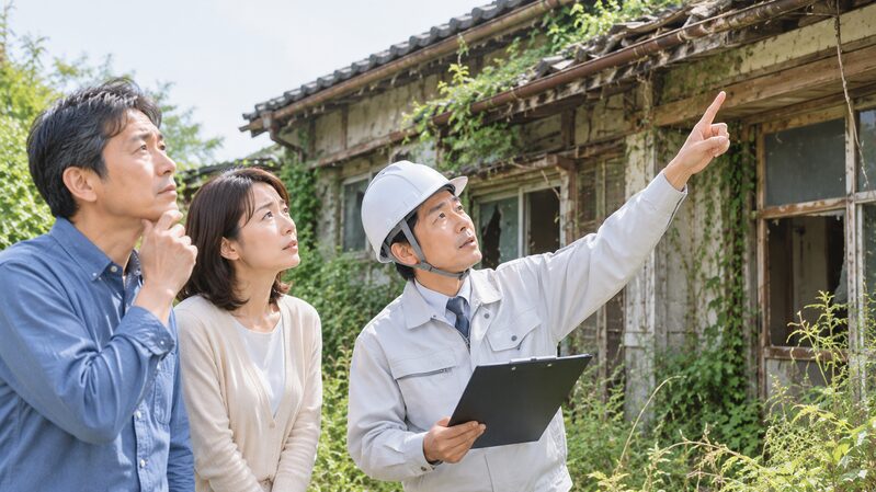 老朽化した空き家を点検する家族と専門家