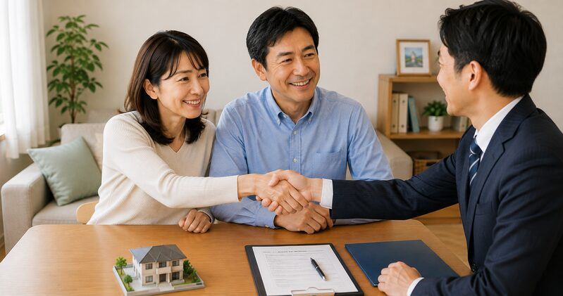 家の売却を終え、不動産営業担当者と笑顔で握手する夫婦