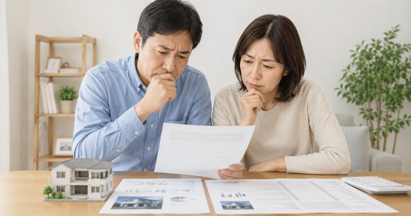 自宅売却後に不動産会社の査定資料を見比べ、もっと比較すればよかったと悩む夫婦」