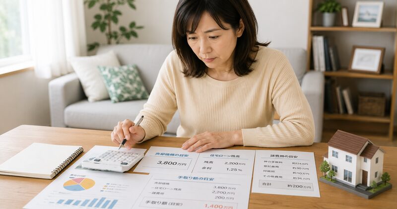 売却価格・住宅ローン・諸費用を電卓で計算する女性