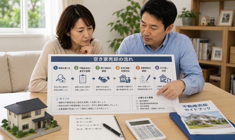 空き家売却の流れを確認する家族