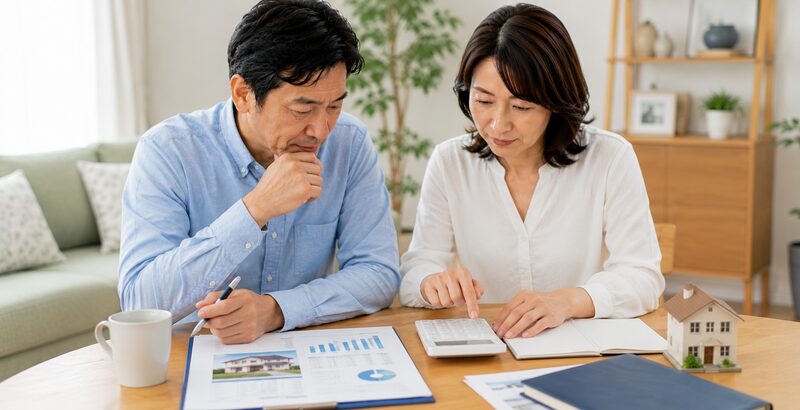 自宅の売却価格や住宅ローン残高、売却にかかる諸費用を電卓で計算する40代から50代の夫婦