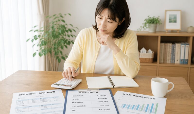 固定資産税や管理費を計算する女性