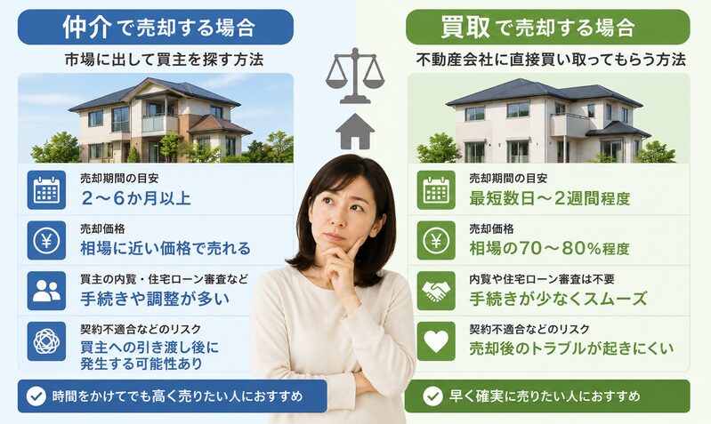仲介と買取を比較するイメージ 左右比較