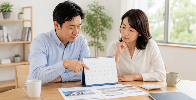 カレンダーと住宅資料を確認しながら自宅の売却時期について相談する40代から50代の夫婦