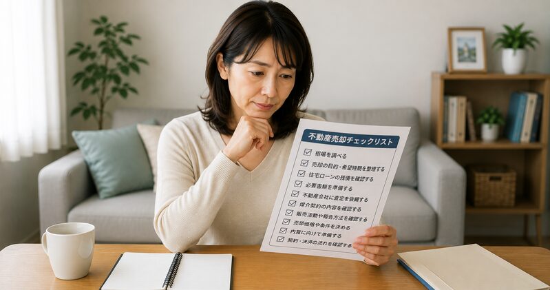 不動産売却のチェックリストを確認する40代女性