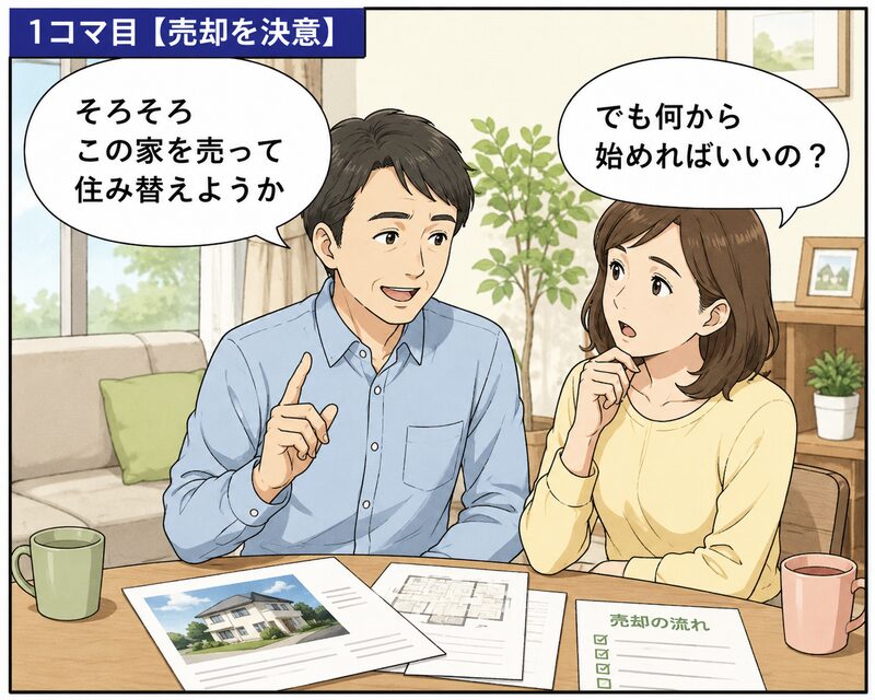 自宅の売却と住み替えを決意したものの、何から始めればよいか分からず夫婦で相談する様子