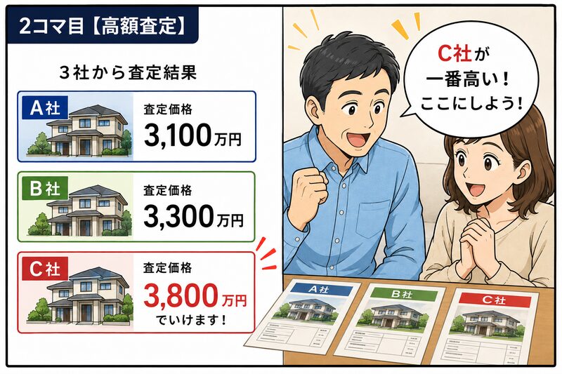 3社の不動産査定を比較し、最も高い3,800万円を提示した会社に売却を任せようと決める夫婦
