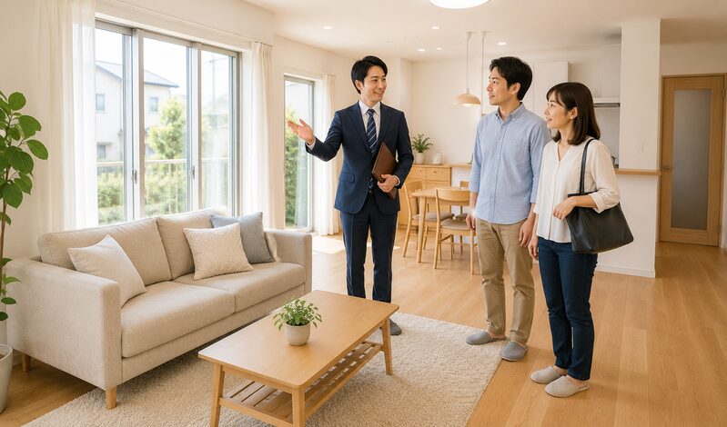 掃除された明るいリビング 購入希望者が見学している