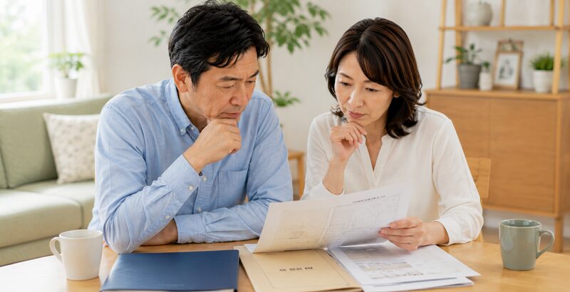 自宅の売却準備で権利証や登記関係などの住宅書類を確認する40代から50代の夫婦