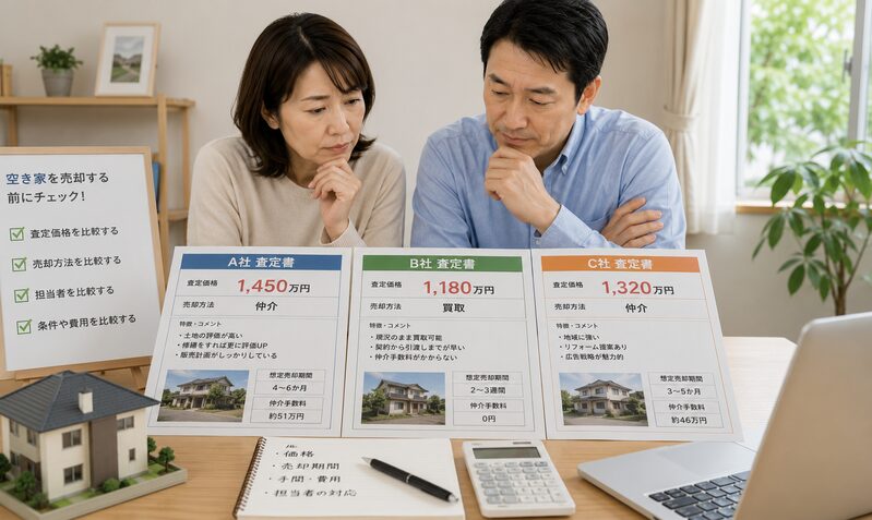 3社の空き家査定資料を比較する家族