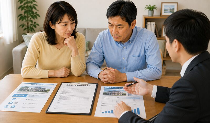 媒介契約書を前に営業担当者の説明を聞く夫婦