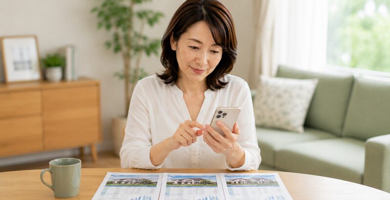 スマートフォンを使って複数の不動産会社の査定価格や査定内容を比較する40代の女性