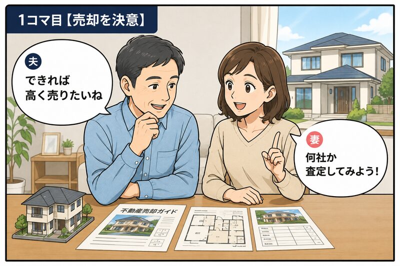 自宅を高く売るために複数の不動産会社へ査定を依頼しようと相談する夫婦