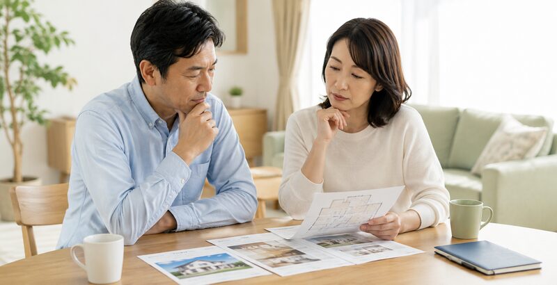 自宅の売却について住宅資料を見ながら話し合う40代から50代の夫婦