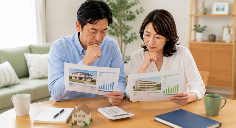 自宅を売却する際の仲介と不動産会社による買取の違いを資料で比較する40代から50代の夫婦