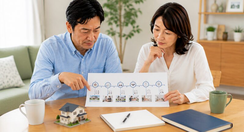 自宅を初めて売却する際の査定から契約・引き渡しまでの手順を資料で確認する40代から50代の夫婦