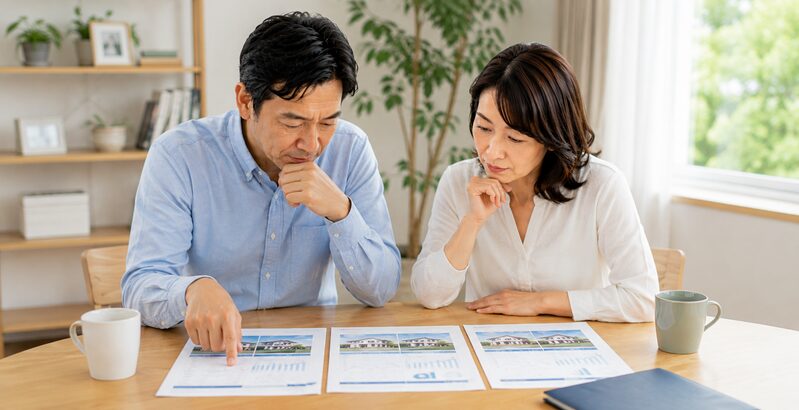 3社の不動産会社から届いた自宅の査定書を机に並べて査定価格や内容を比較する40代から50代の夫婦