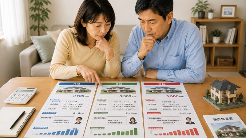 3社の査定資料と販売提案を比較する夫婦