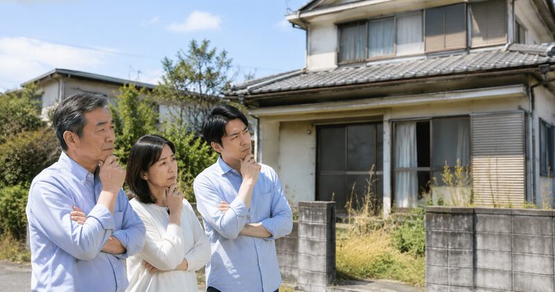 誰も住んでいない実家を前に今後を考える家族