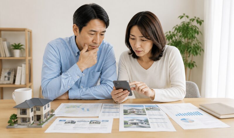 スマートフォンと不動産資料で自宅周辺の相場を確認する夫婦