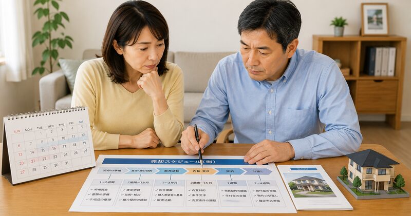 カレンダーと売却スケジュールを見ながら相談する夫婦
