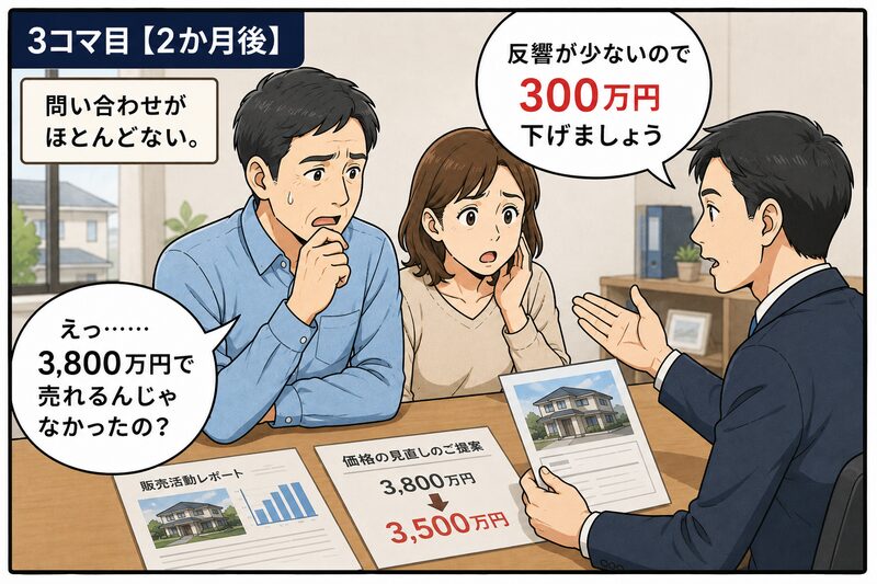 高額査定で売り出したものの2か月間問い合わせが少なく、不動産会社から300万円の値下げを提案されて驚く夫婦