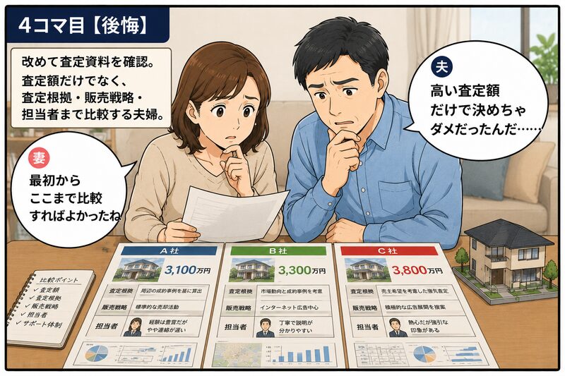不動産会社3社の査定額・査定根拠・販売戦略・担当者を比較し、高い査定額だけで決めたことを後悔する夫婦