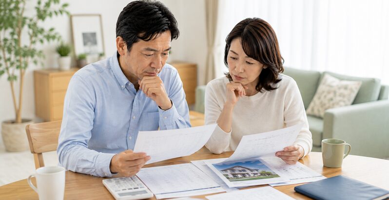 住宅ローンの残高が分かる書類と自宅の資料を確認しながら売却について話し合う40代から50代の夫婦」