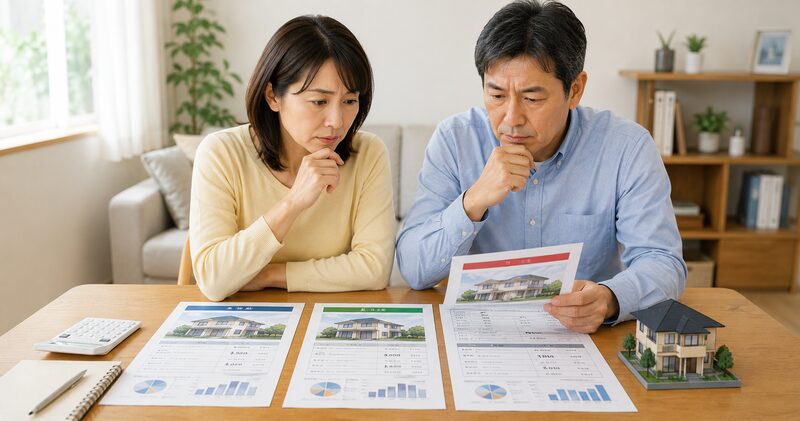 複数の不動産会社から届いた査定資料を比較する夫婦
