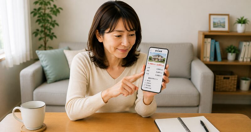 スマートフォンで自宅の査定結果を確認する女性