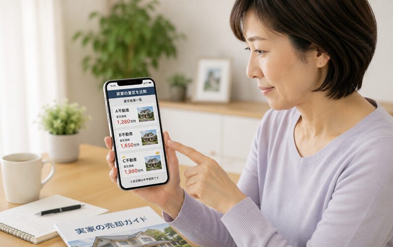 スマートフォンで実家の査定を比較する女性