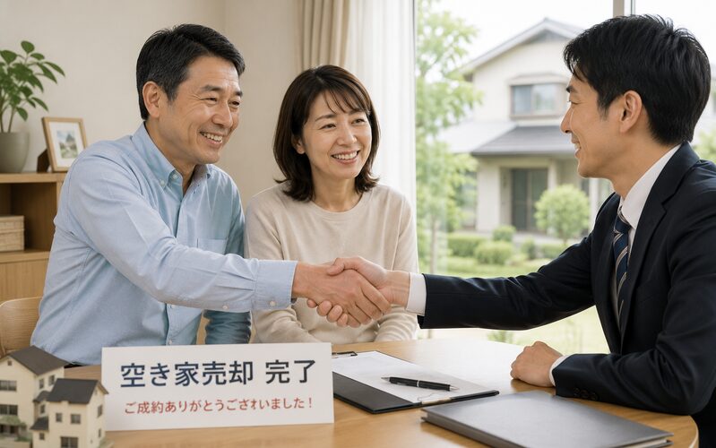 空き家売却を終えて営業担当者と握手する家族